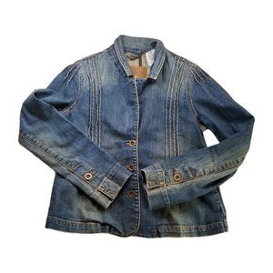 Levi's Womens Sz L Jean Denim Jacket Button Up Distressed Darting Fitted Stretch
